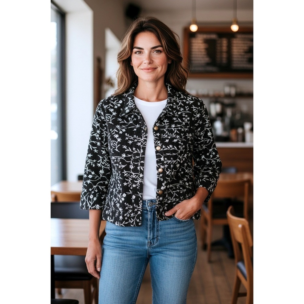 Christopher & Banks Floral Embroidered Cotton Denim Jacket Black White -‎ Med